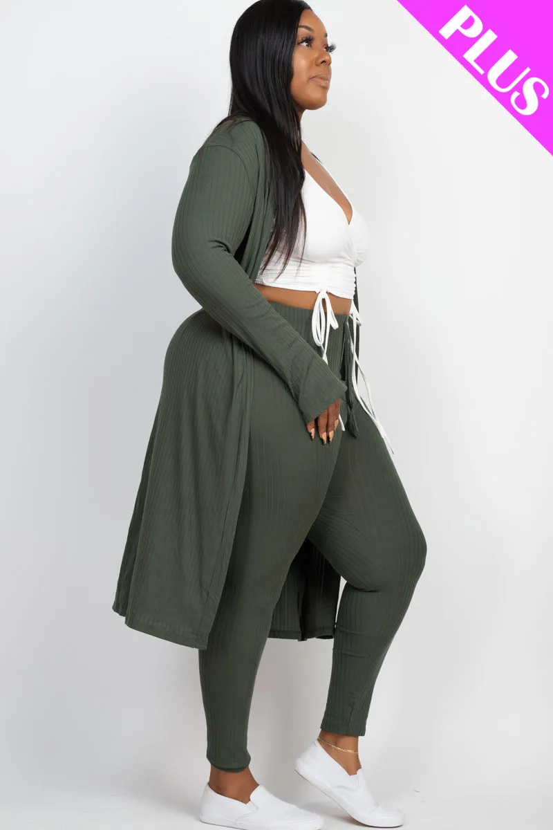 Plus Size Ribbed Long Cardigan & Leggings Set