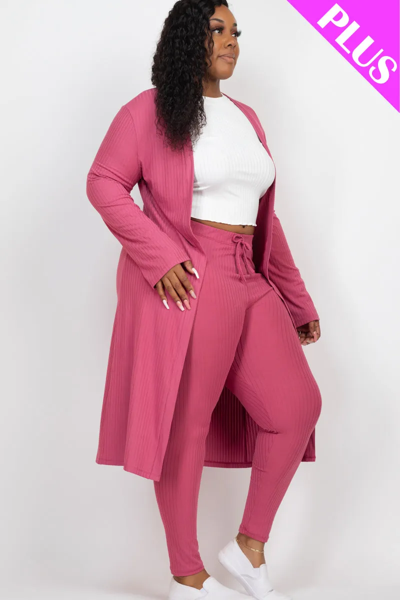 Plus Size Ribbed Long Cardigan & Leggings Set