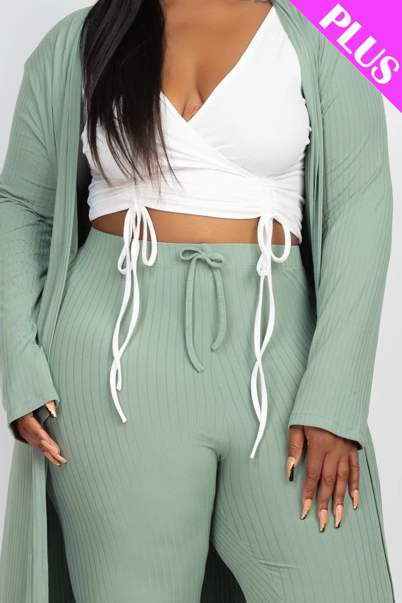 Plus Size Ribbed Long Cardigan & Leggings Set