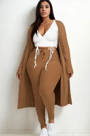 Plus Size Ribbed Long Cardigan & Leggings Set