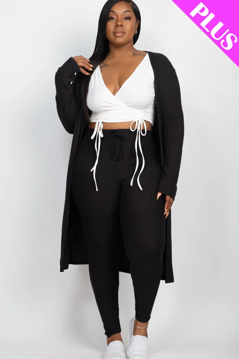 Plus Size Ribbed Long Cardigan & Leggings Set