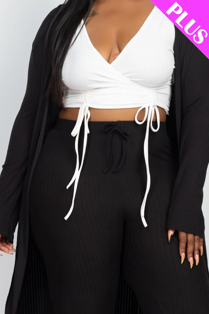 Plus Size Ribbed Long Cardigan & Leggings Set