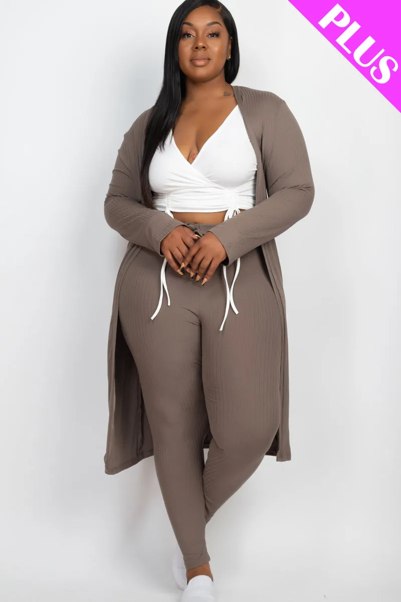 Plus Size Ribbed Long Cardigan & Leggings Set