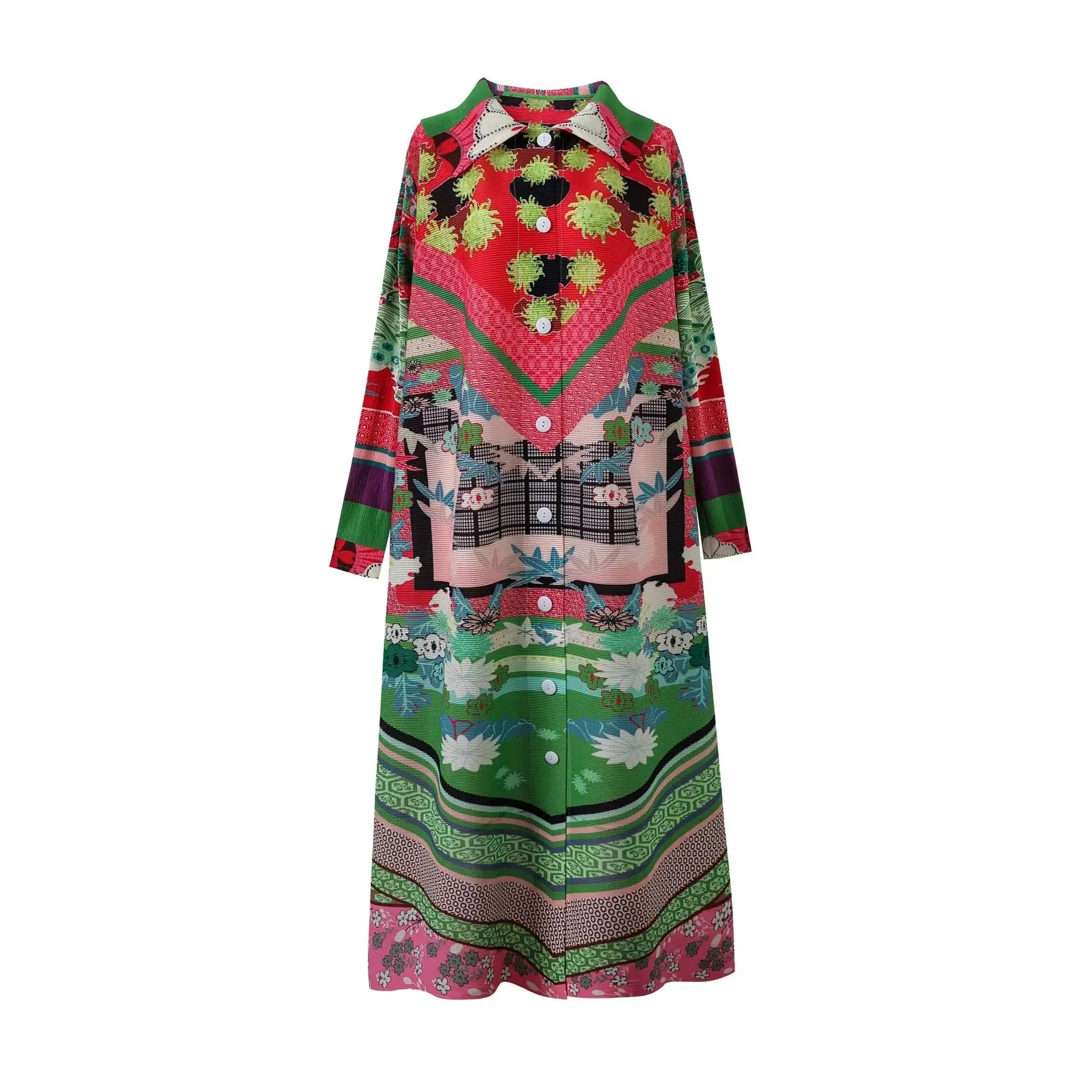 Pre Order:  Casual Retro Print Long Sleeve Collar Midi Cardigan