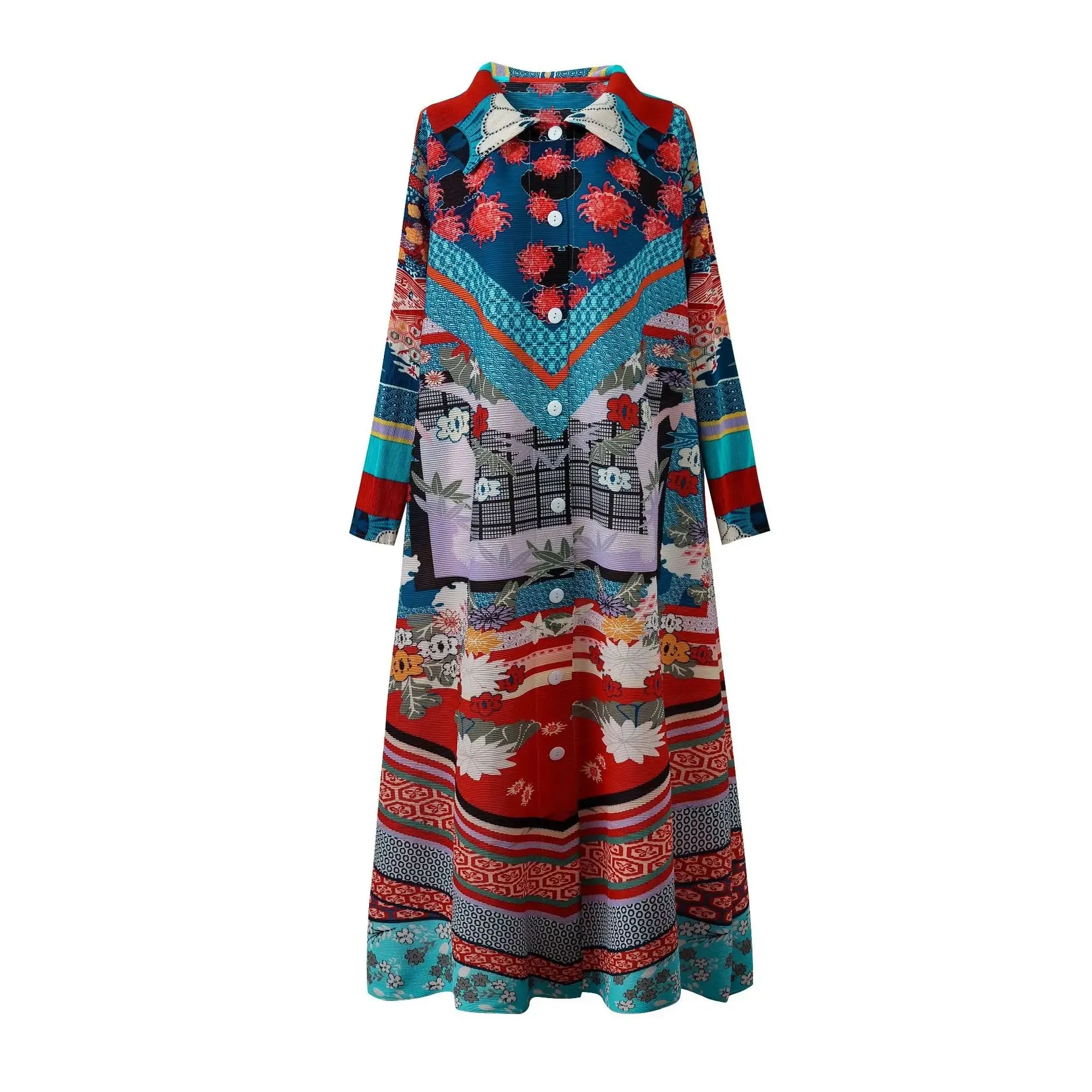 Pre Order:  Casual Retro Print Long Sleeve Collar Midi Cardigan