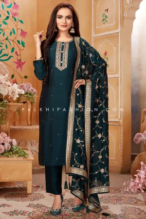 Rama Green Straight-Cut Suit with Sequin & Thread Work