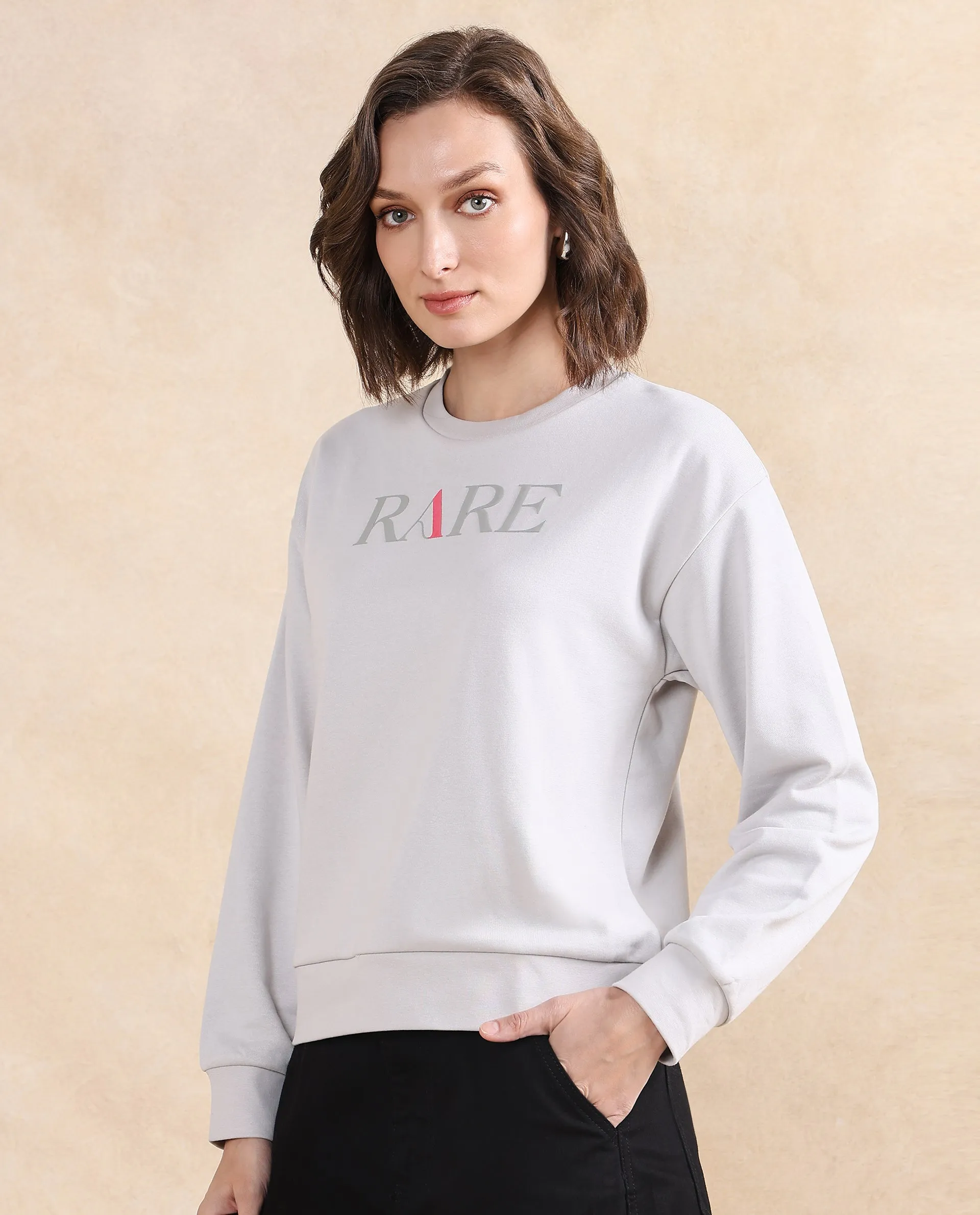 Rareism Women Excla Light Grey Cotton Poly Fabric Full Sleeve Crew Neck Regular Fit Graphic Print Sweatshirt