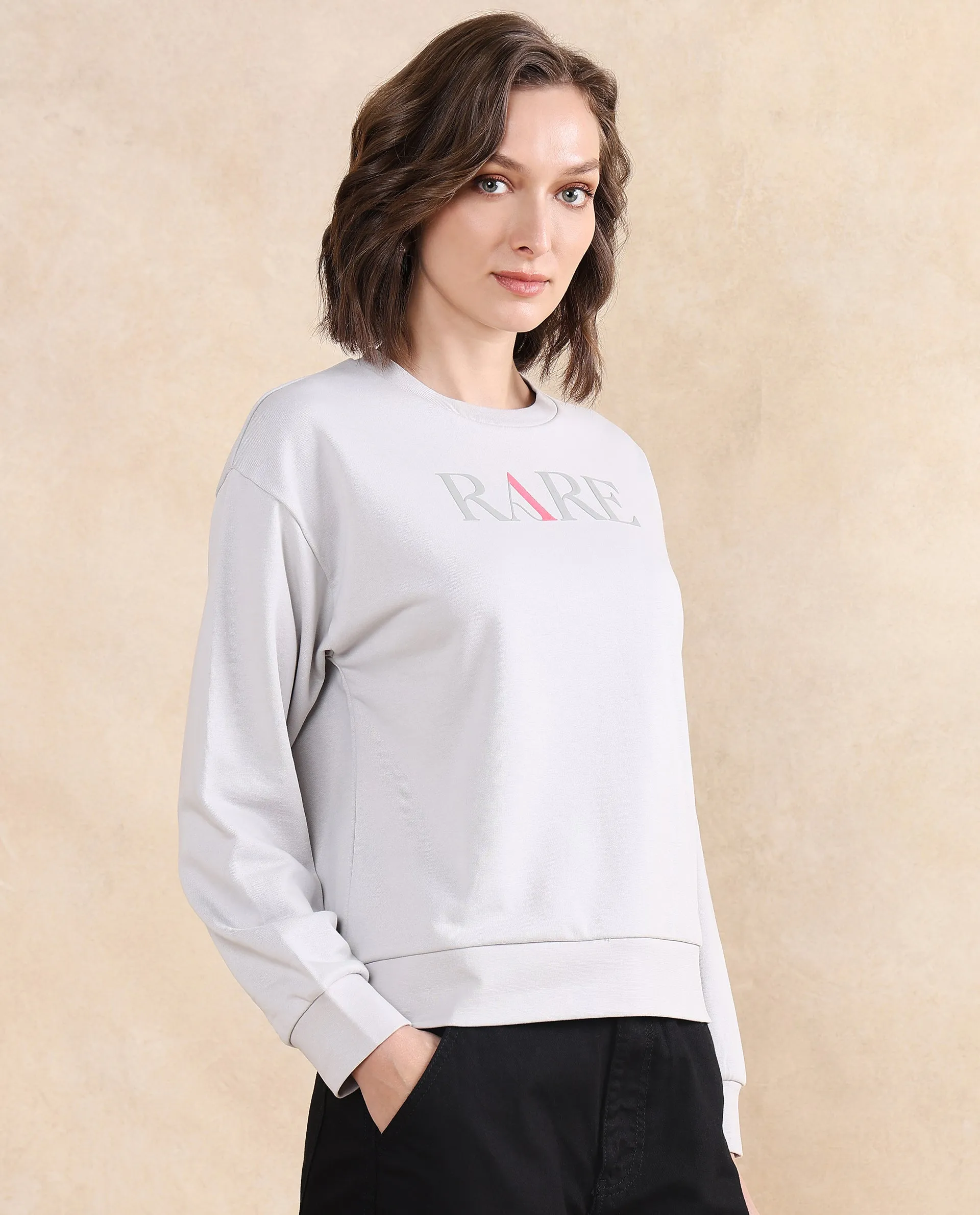 Rareism Women Excla Light Grey Cotton Poly Fabric Full Sleeve Crew Neck Regular Fit Graphic Print Sweatshirt