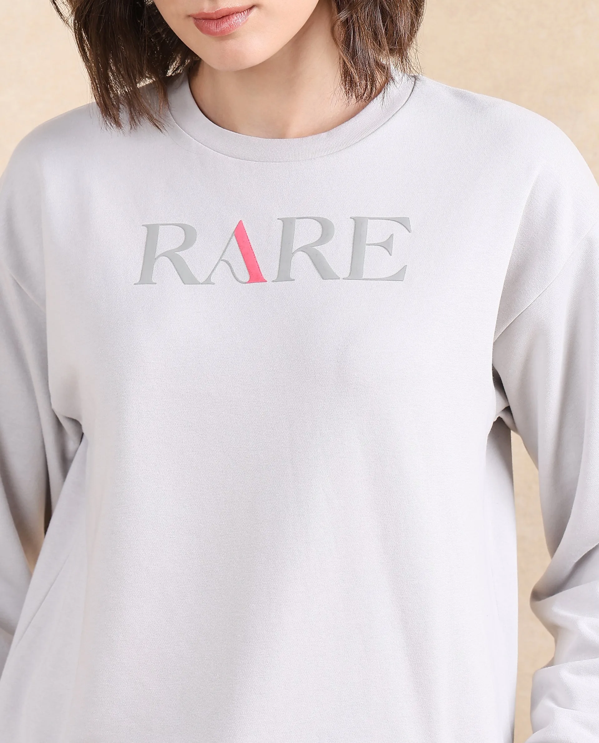 Rareism Women Excla Light Grey Cotton Poly Fabric Full Sleeve Crew Neck Regular Fit Graphic Print Sweatshirt