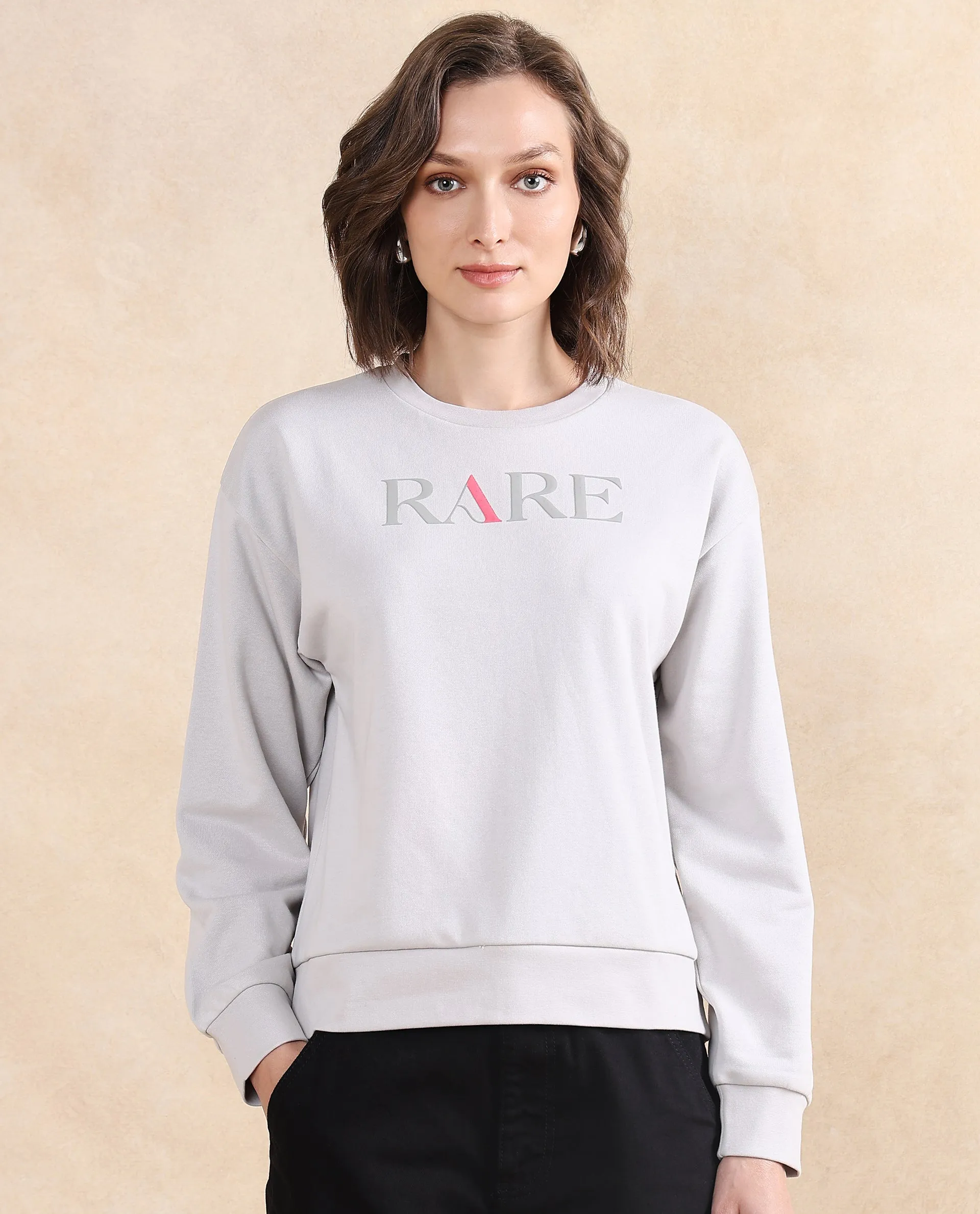 Rareism Women Excla Light Grey Cotton Poly Fabric Full Sleeve Crew Neck Regular Fit Graphic Print Sweatshirt