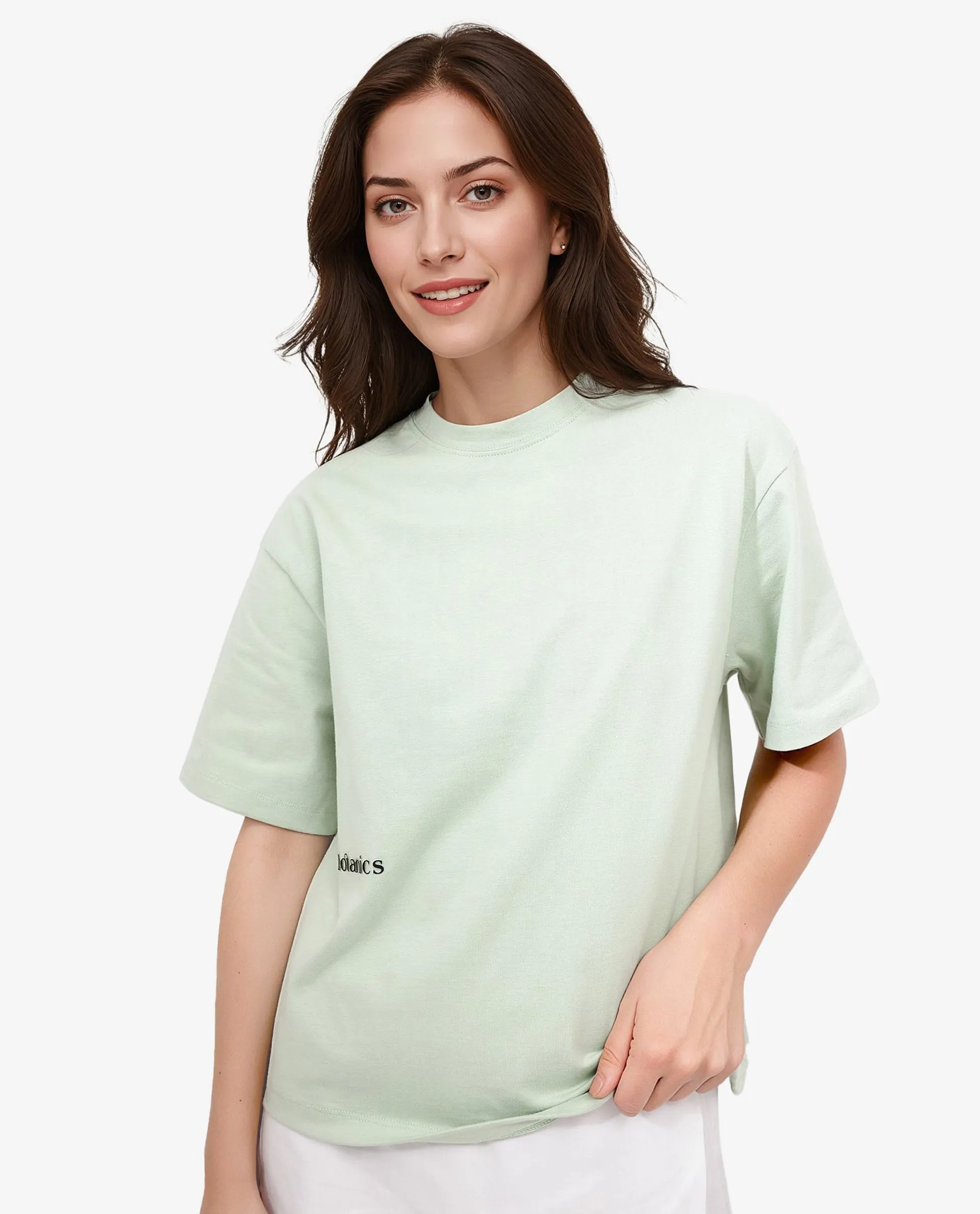 Rareism Women Olaf Pastel Green Cotton Fabric Short Sleeve Crew Neck Solid T-Shirt