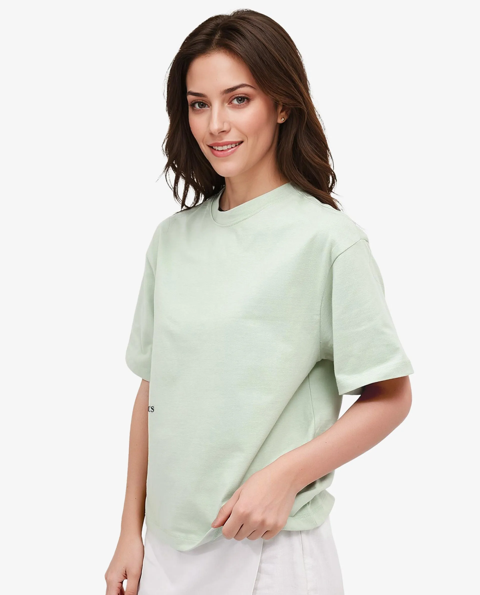 Rareism Women Olaf Pastel Green Cotton Fabric Short Sleeve Crew Neck Solid T-Shirt