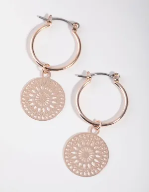 Rose Gold Filigree Drop Hoop Earrings