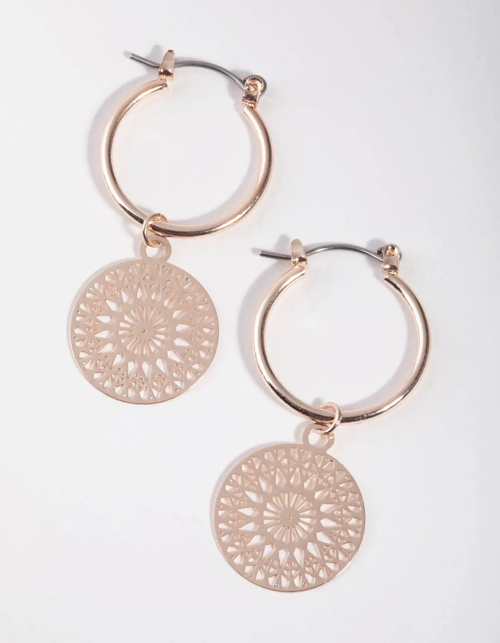 Rose Gold Filigree Drop Hoop Earrings