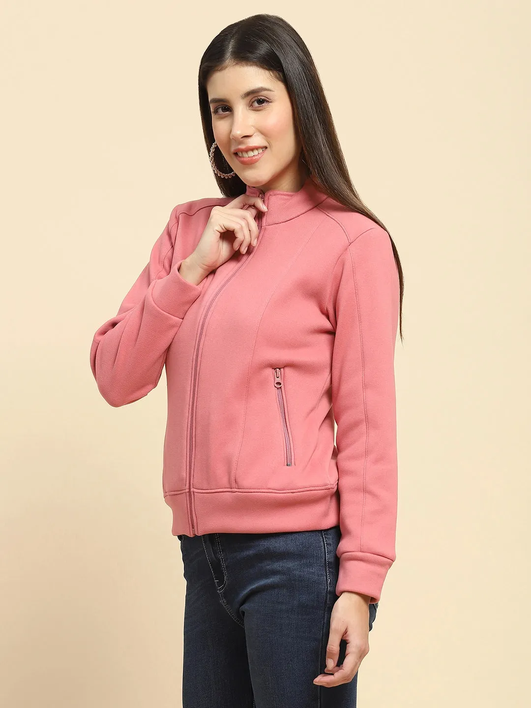 Rose Gold Poly Blend Solid Relaxed Fit Sweatshirt