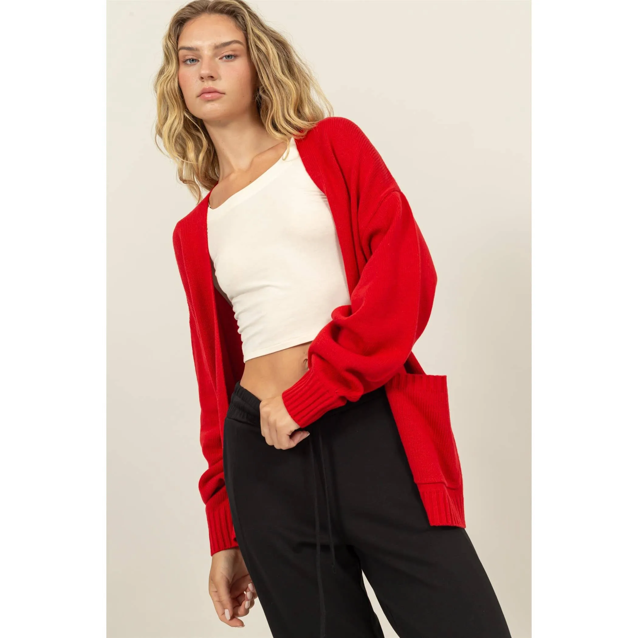 RUBY RED OVERSIZED OPEN-FRONT CARDIGAN SWEATER