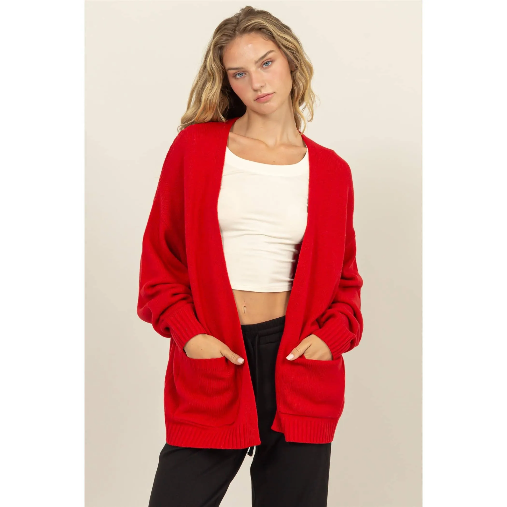 RUBY RED OVERSIZED OPEN-FRONT CARDIGAN SWEATER