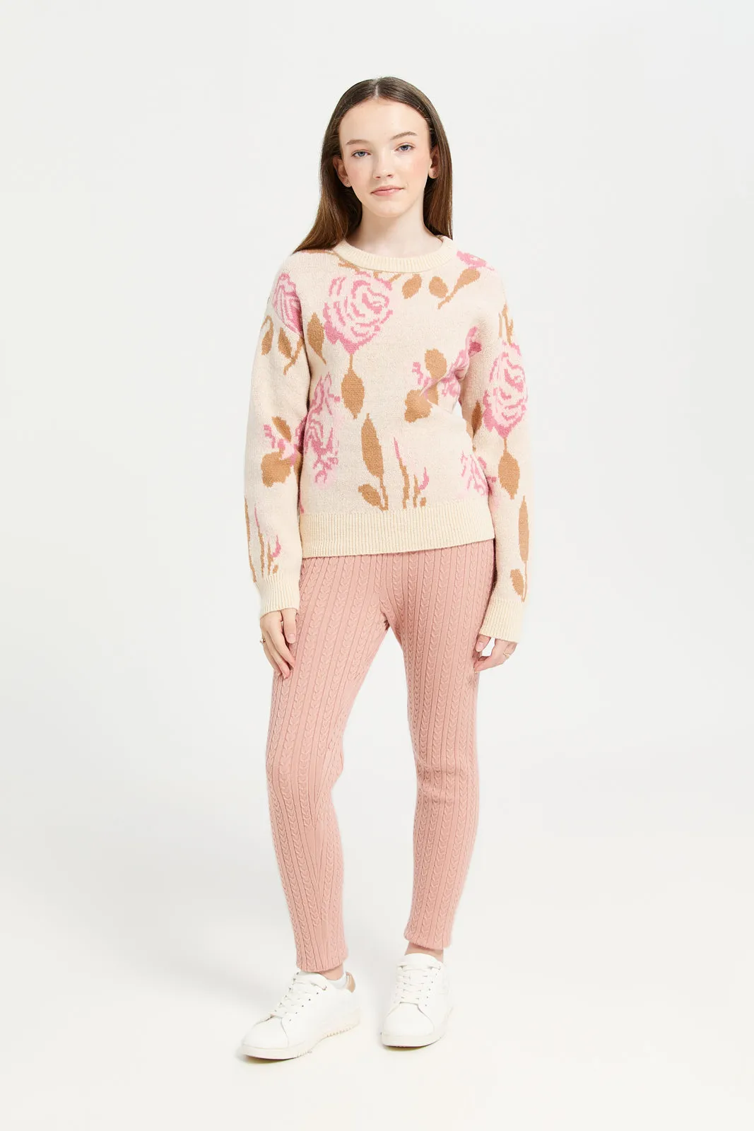 Senior Girls Beige Rose Print Pullover