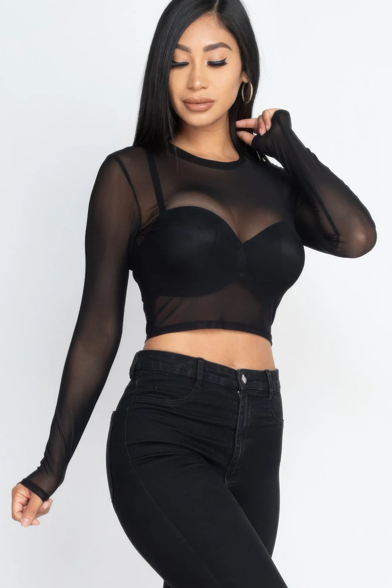 Sexy Sheer Mesh Long Sleeve Crop Top