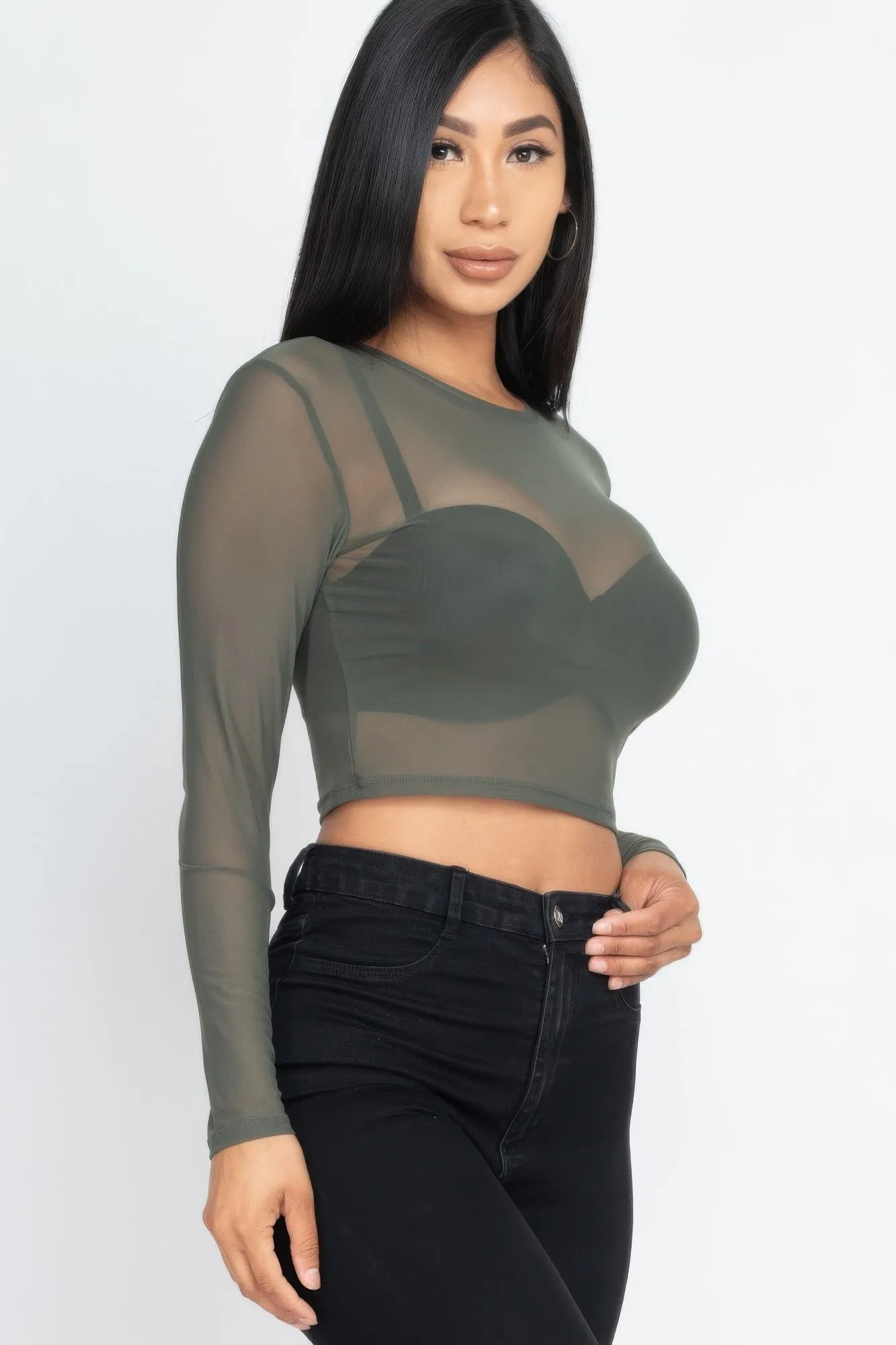 Sexy Sheer Mesh Long Sleeve Crop Top