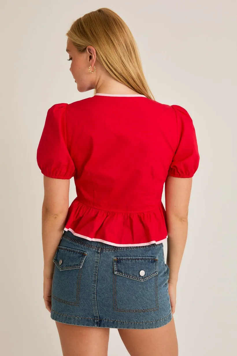 Short Sleeve Bow Tie Blouse, Red/Pink