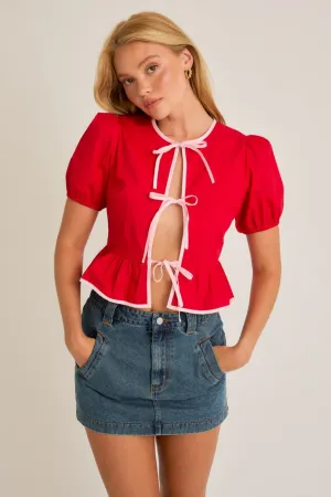 Short Sleeve Bow Tie Blouse, Red/Pink