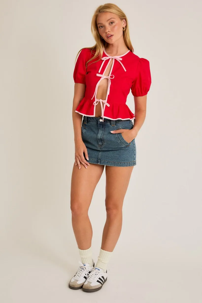 Short Sleeve Bow Tie Blouse, Red/Pink