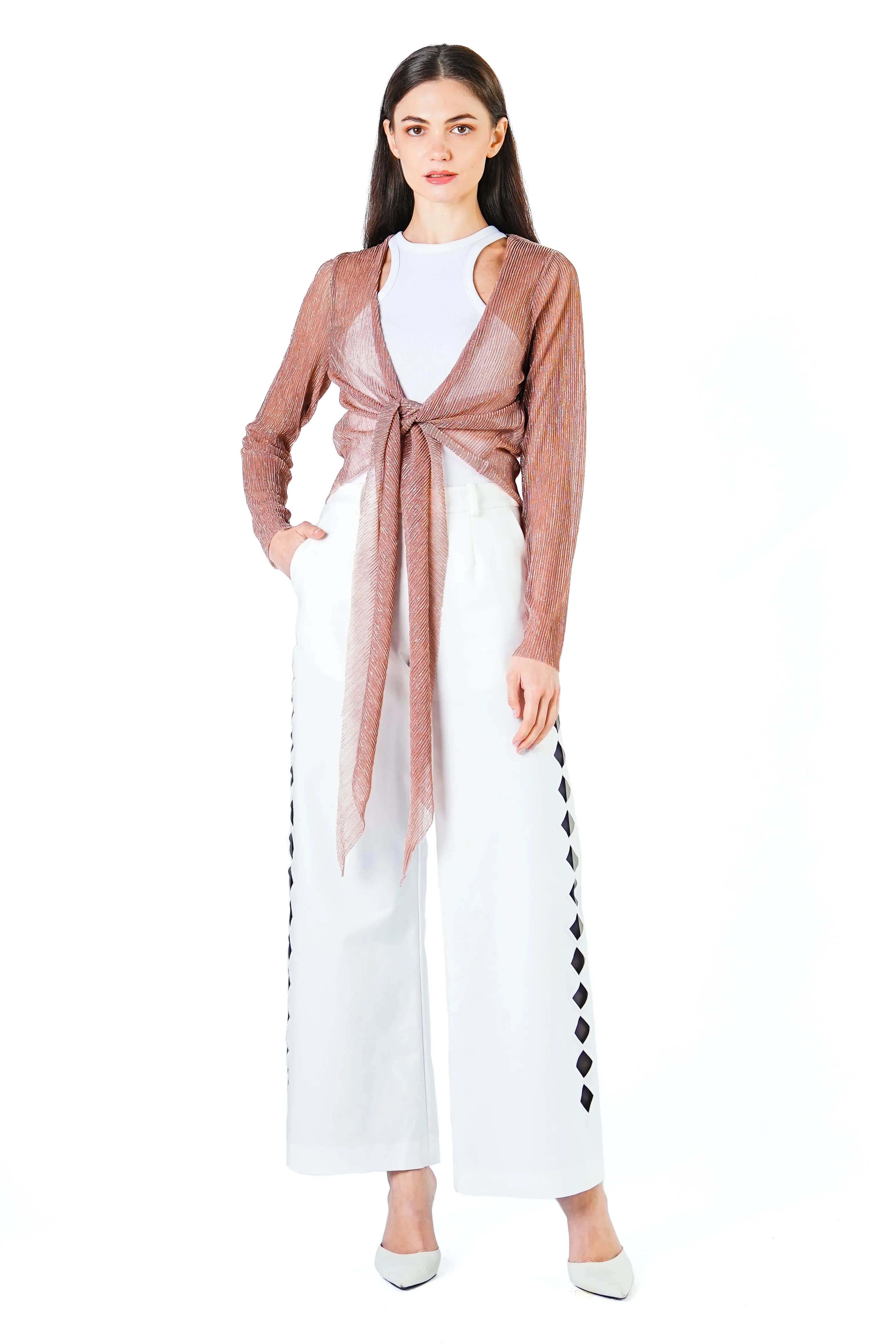 Sia Tie Front Sheer Cardigan in Peach Pink