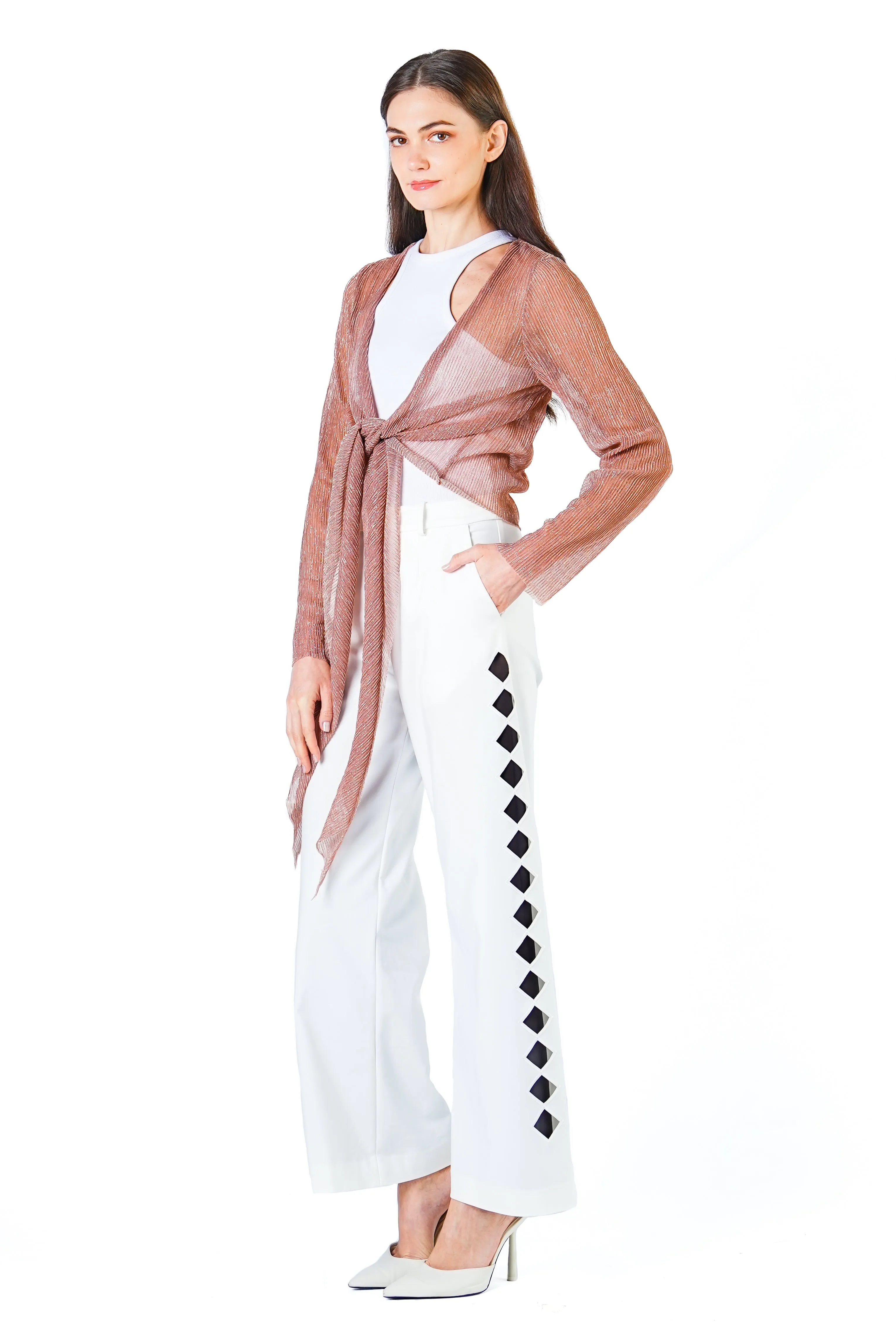 Sia Tie Front Sheer Cardigan in Peach Pink