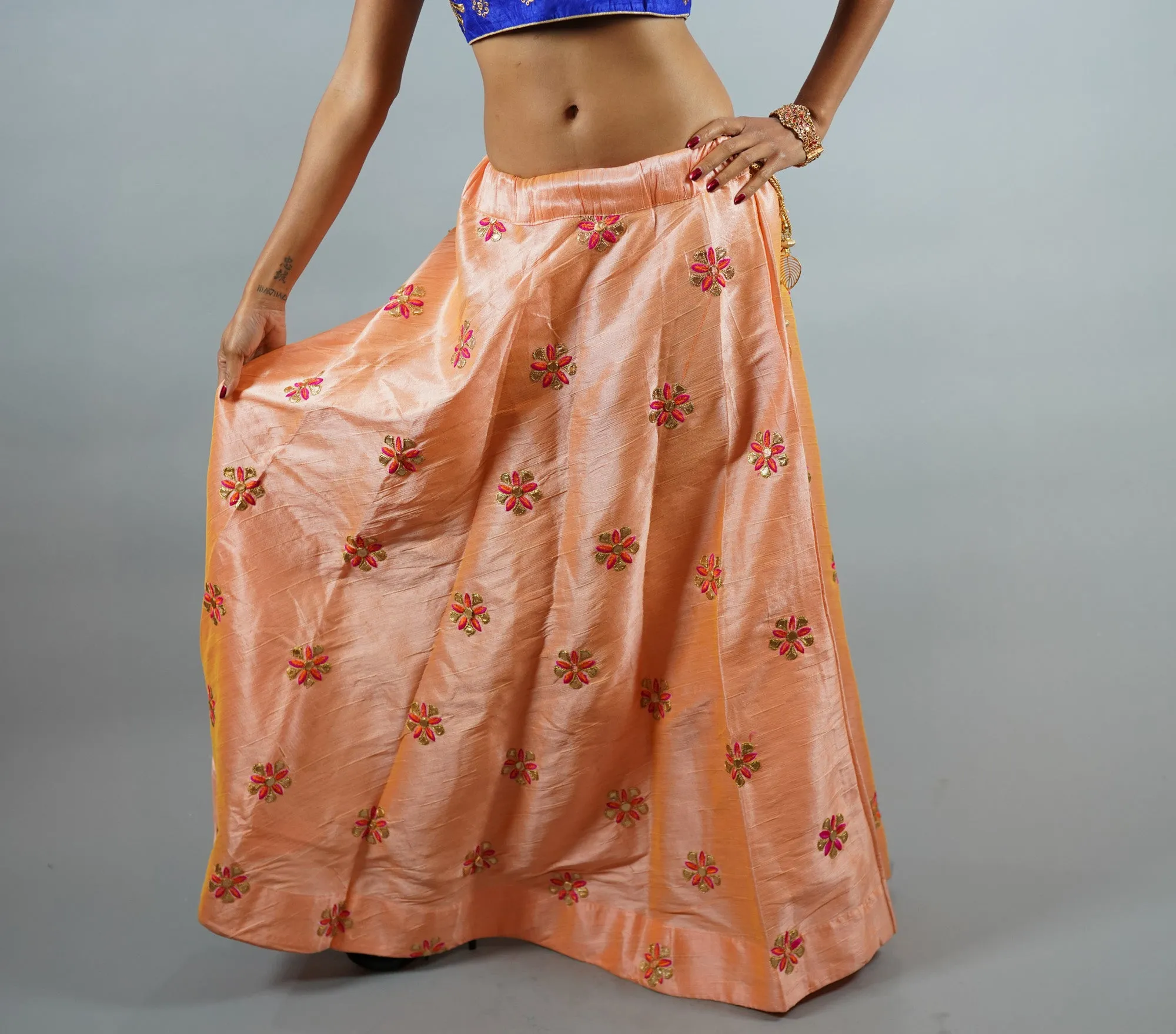 Silk Embroidered Light Tangerine Peach Lehenga Skirt