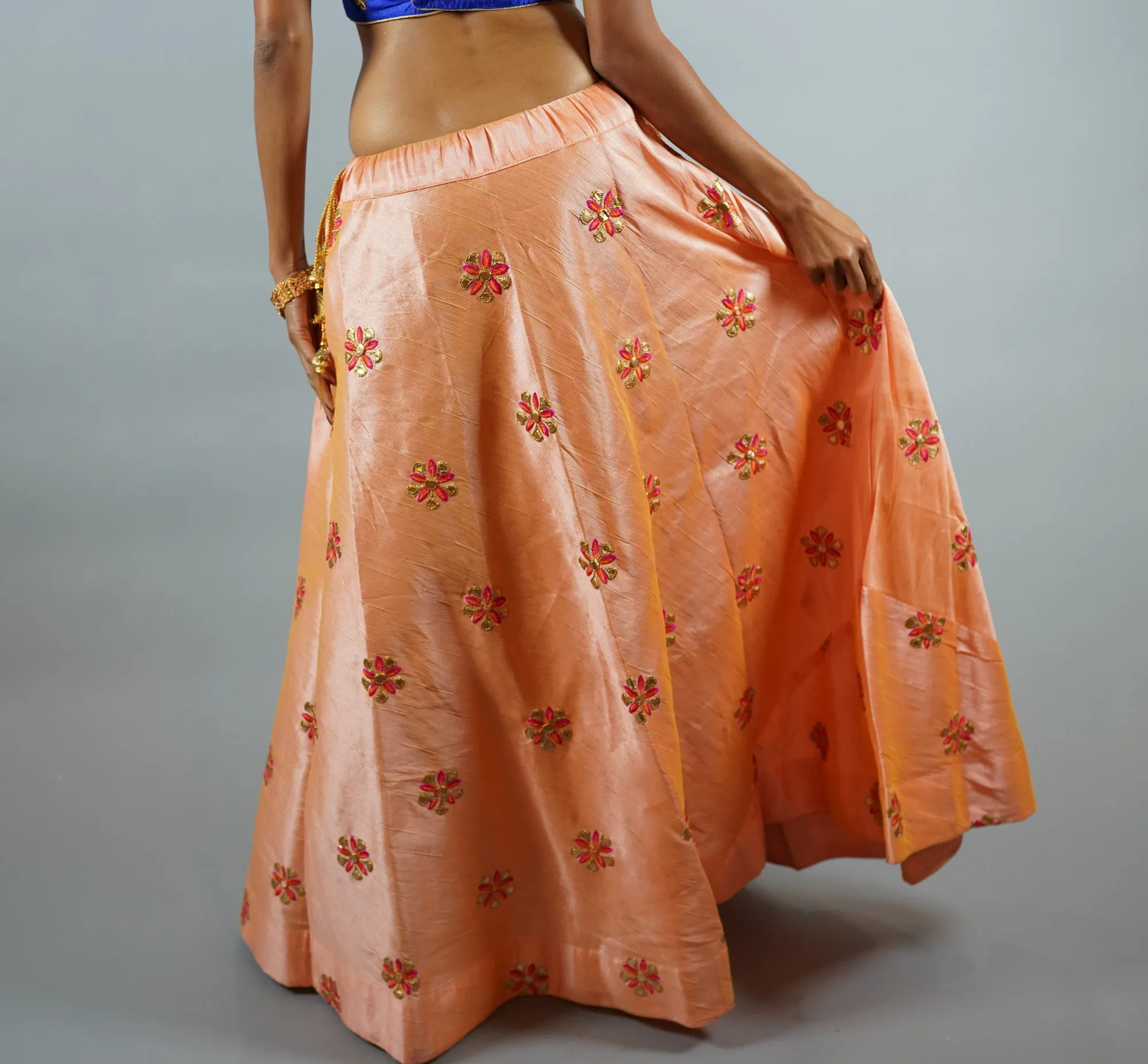 Silk Embroidered Light Tangerine Peach Lehenga Skirt