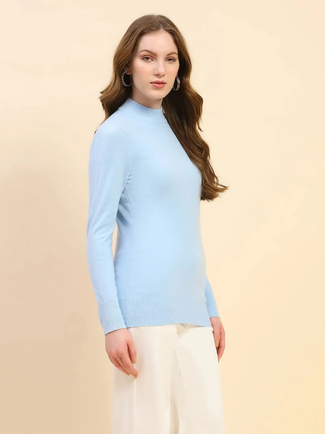 Sky Blue Solid Poly Blend High Neck Skivvy Pullover