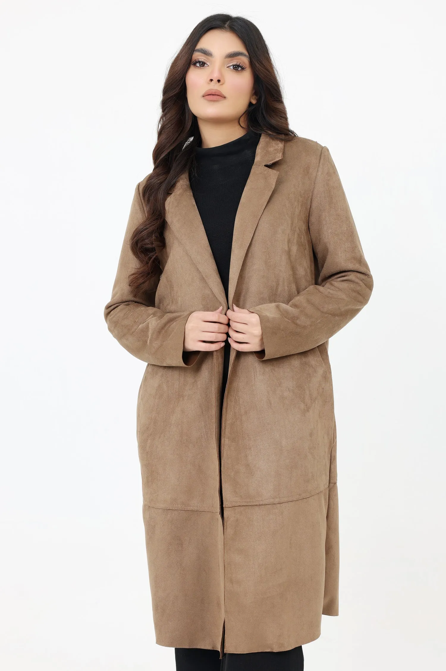 SLEEK SUEDE LONG COAT WITH CLASSIC FIT-KHAKI