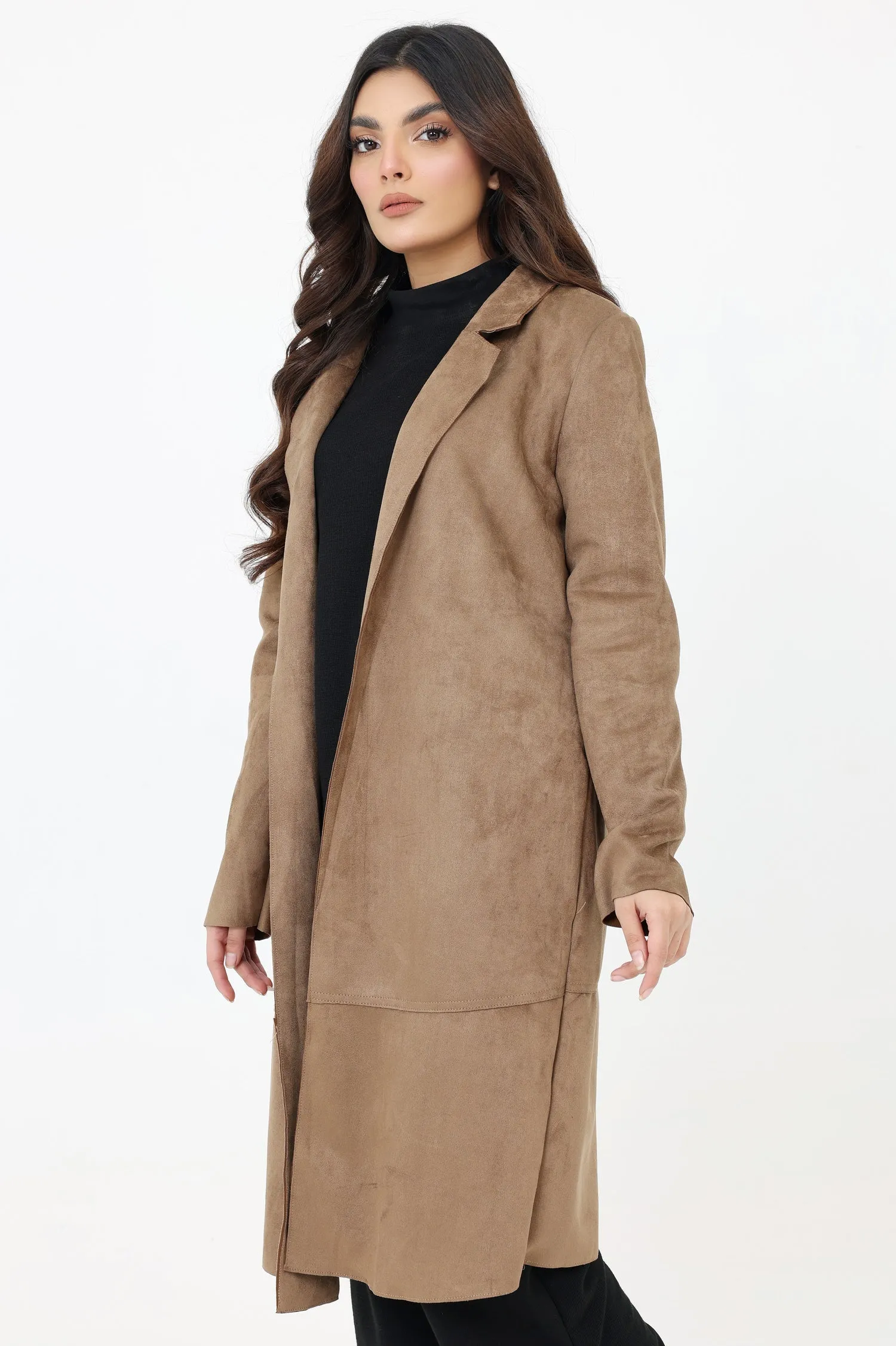 SLEEK SUEDE LONG COAT WITH CLASSIC FIT-KHAKI