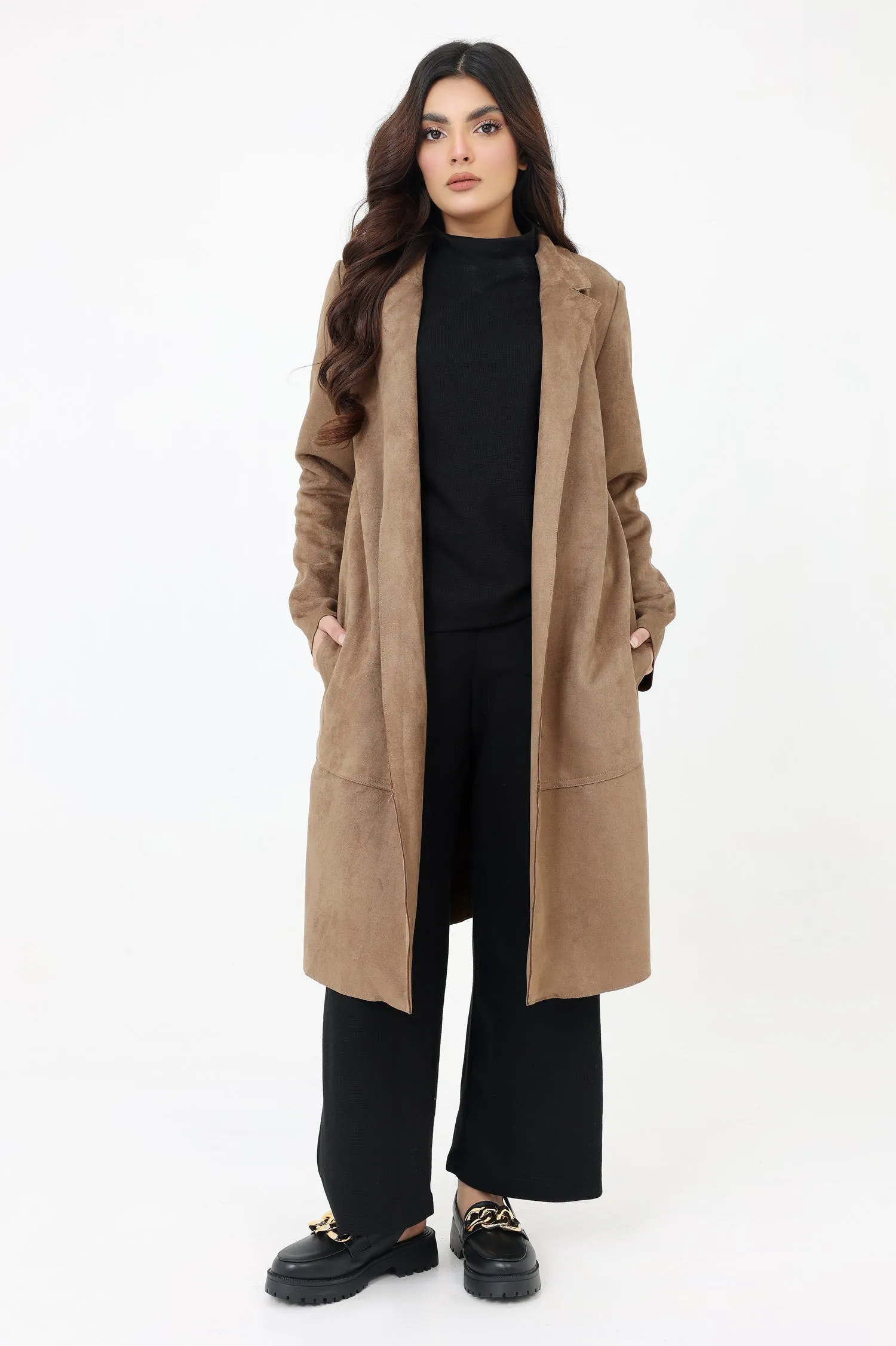 SLEEK SUEDE LONG COAT WITH CLASSIC FIT-KHAKI