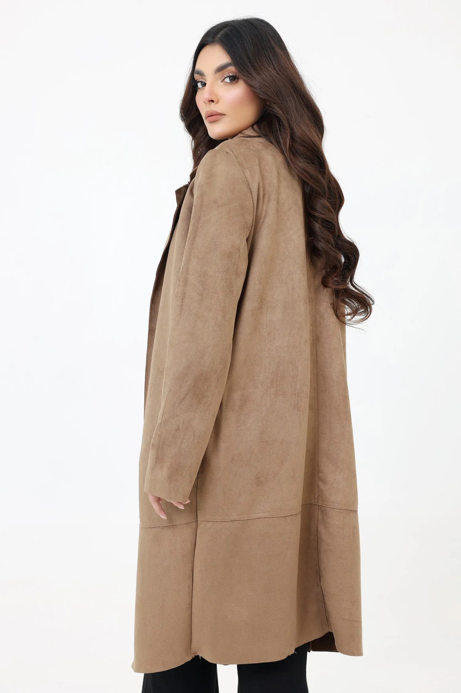 SLEEK SUEDE LONG COAT WITH CLASSIC FIT-KHAKI