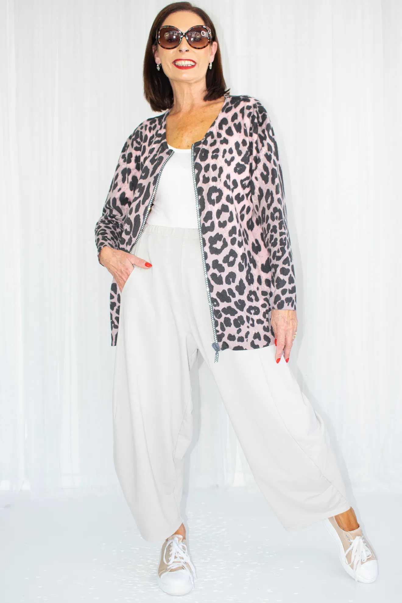 Sloane Bling Zip Knit Jacket in Blush Animal Print