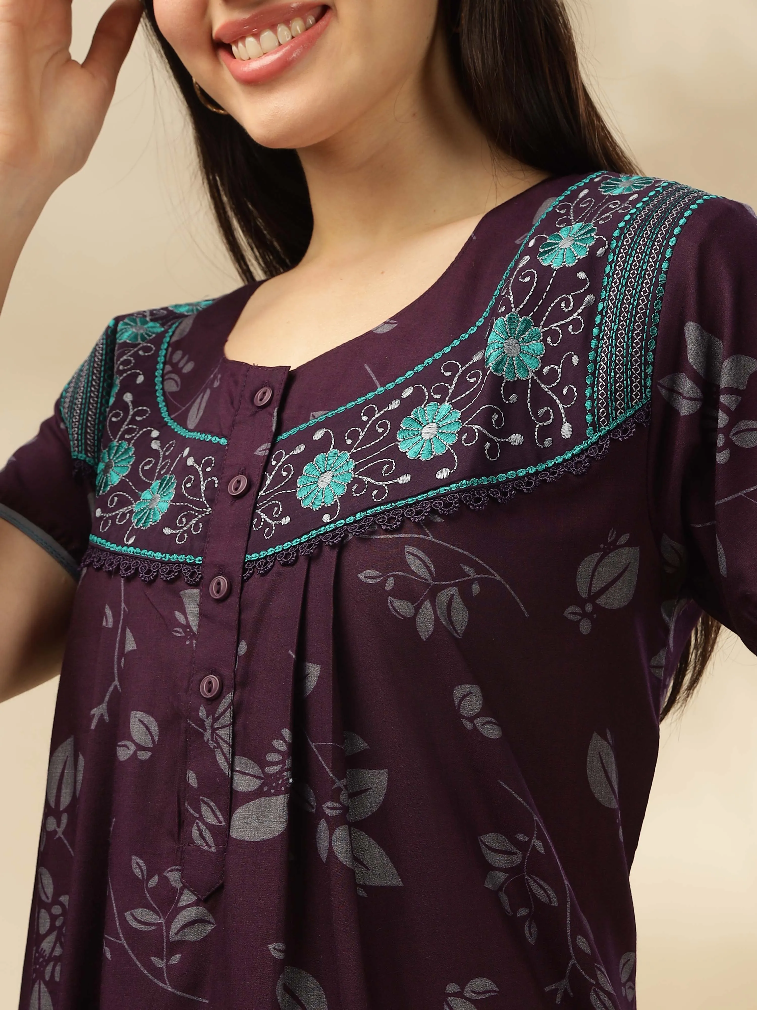 Sophisticated Wine Nighty with Floral Accents & Pockets