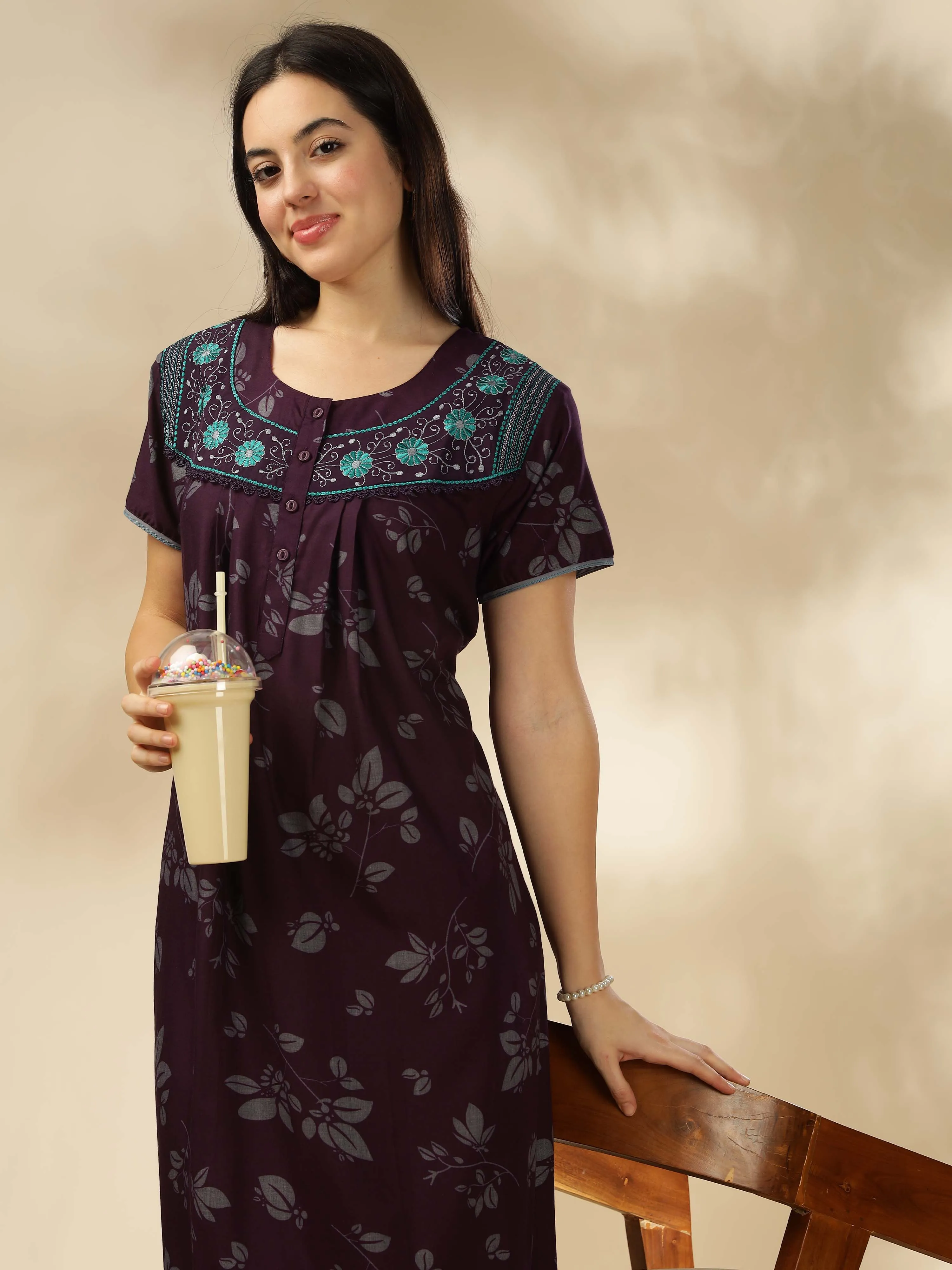 Sophisticated Wine Nighty with Floral Accents & Pockets