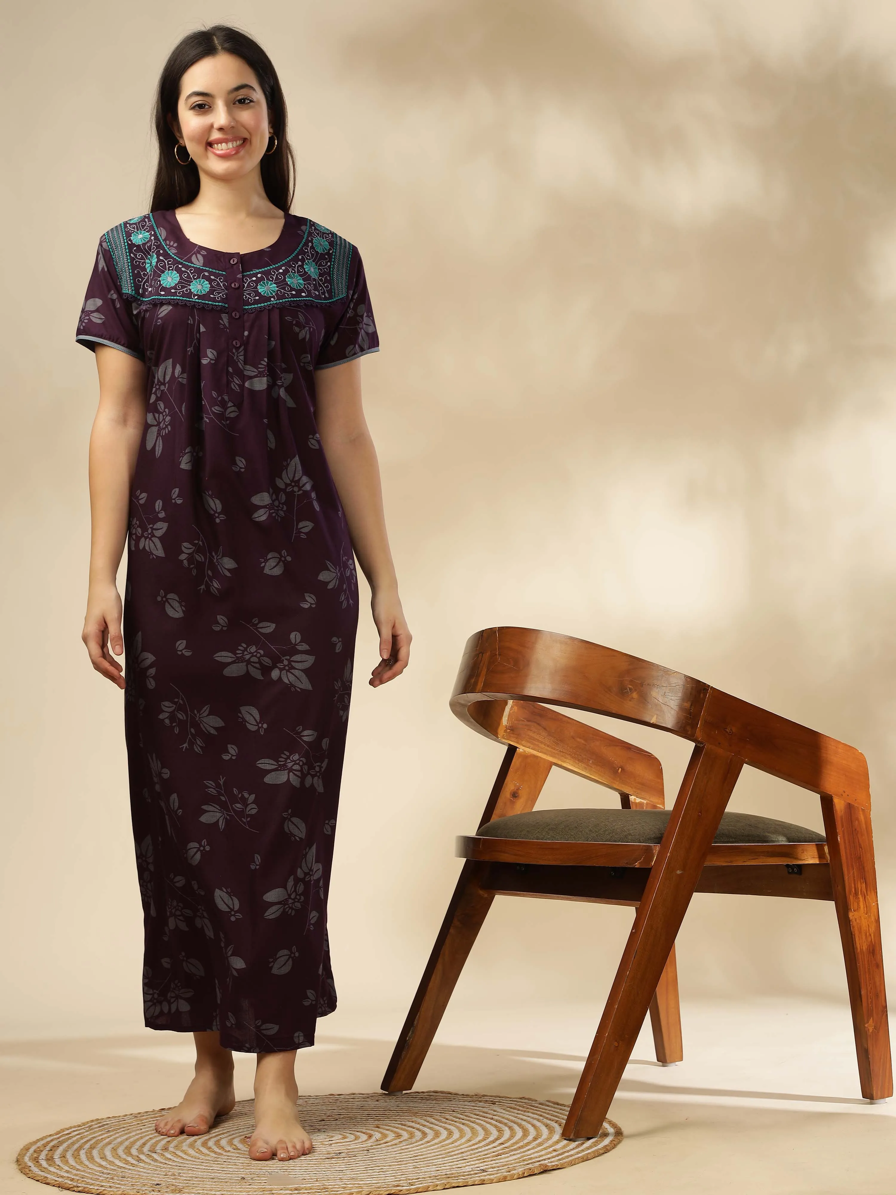 Sophisticated Wine Nighty with Floral Accents & Pockets