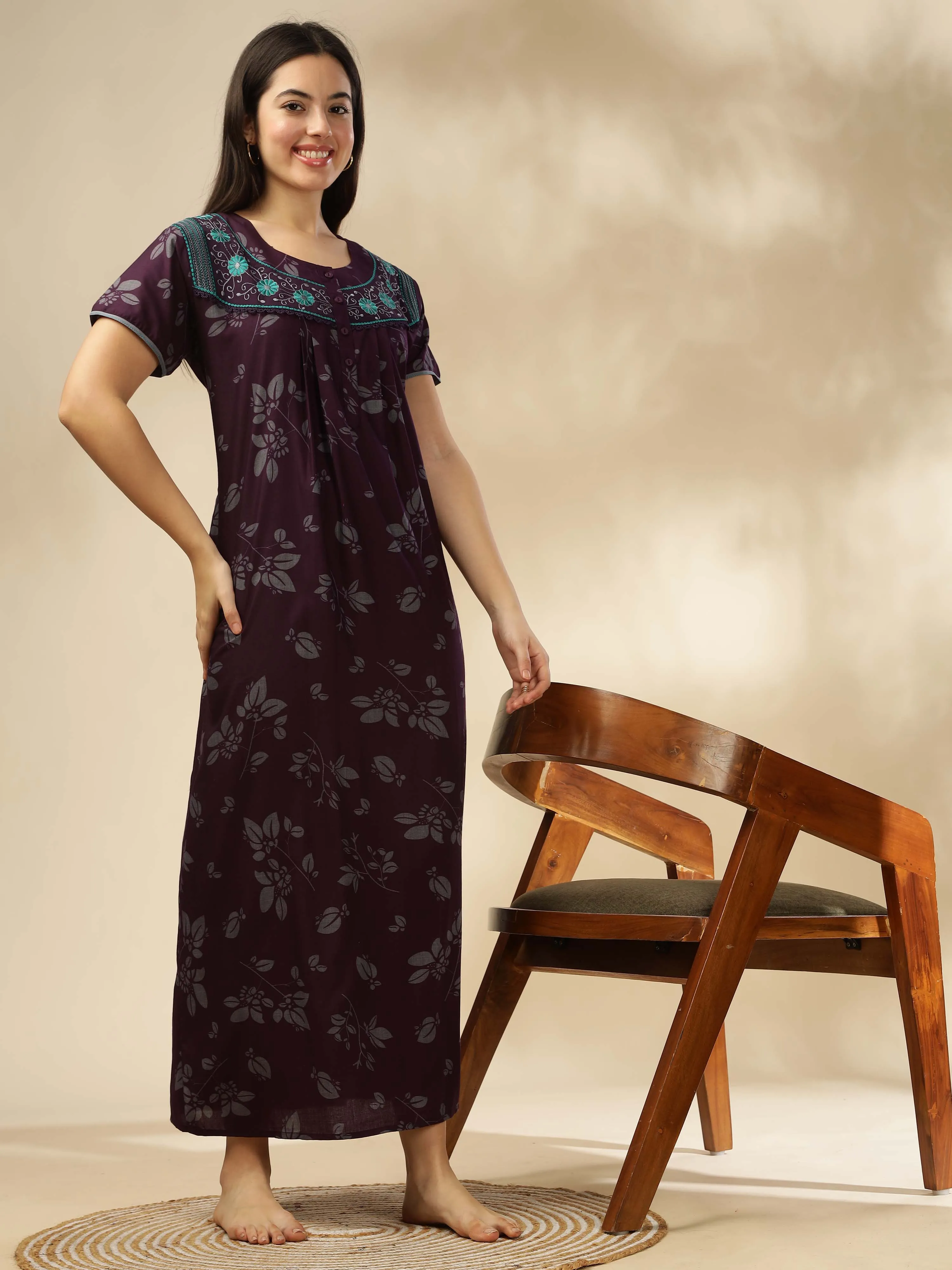 Sophisticated Wine Nighty with Floral Accents & Pockets