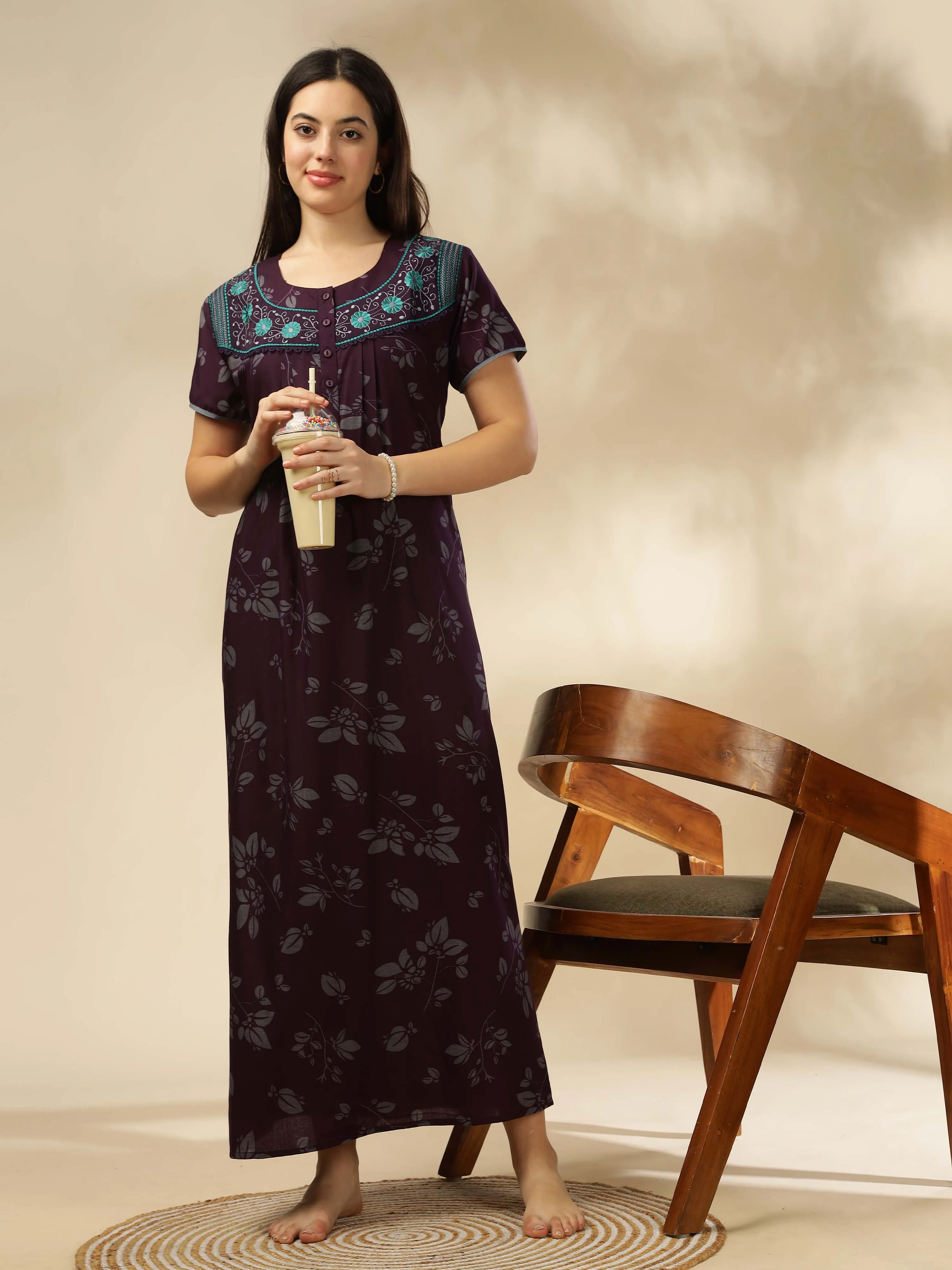 Sophisticated Wine Nighty with Floral Accents & Pockets