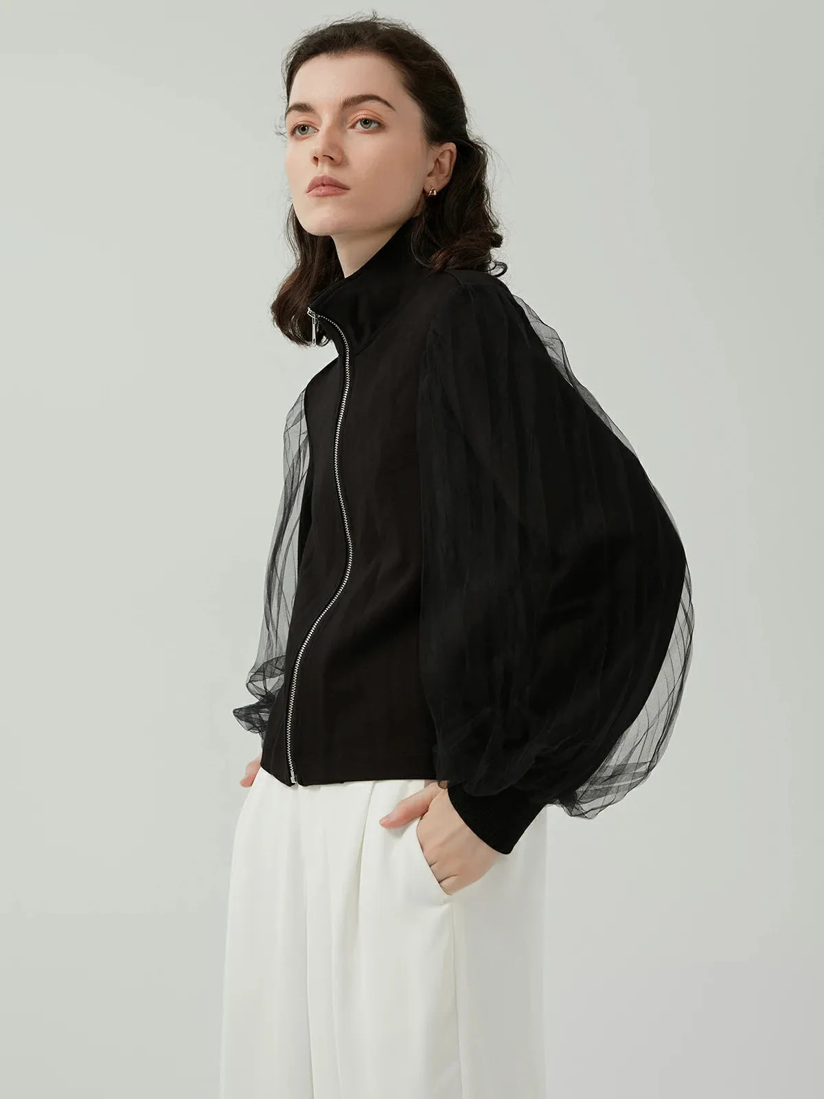 Stand Collar Mesh Lantern Sleeve Jacket