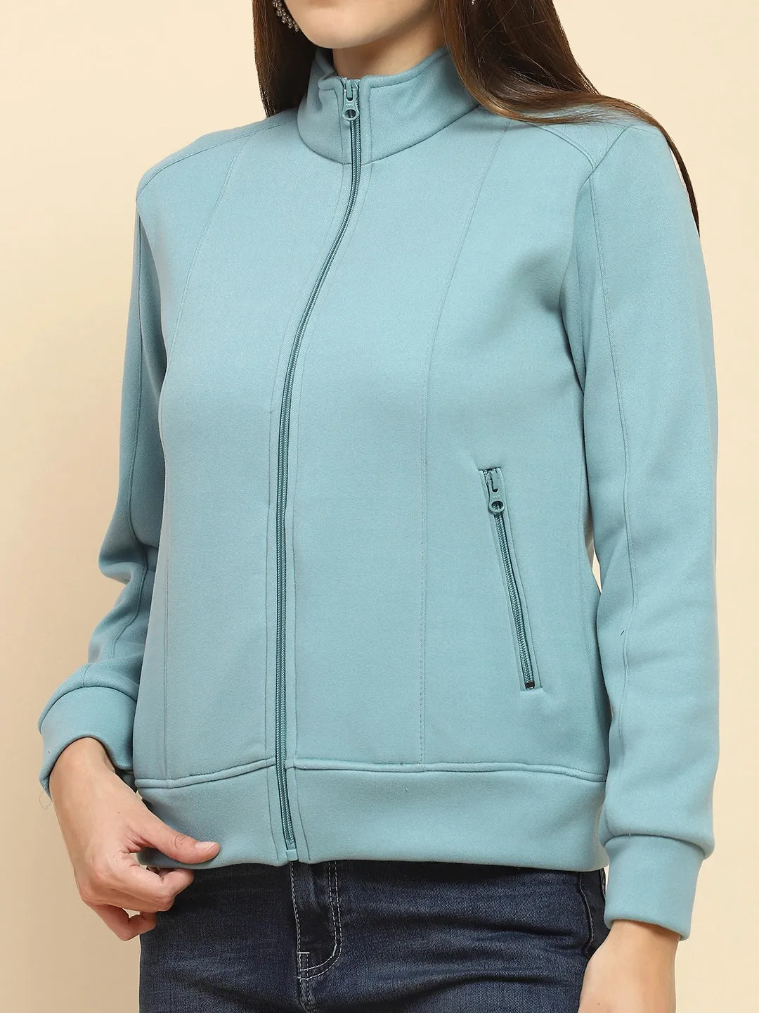 Stone Blue Poly Blend Solid Relaxed Fit Sweatshirt