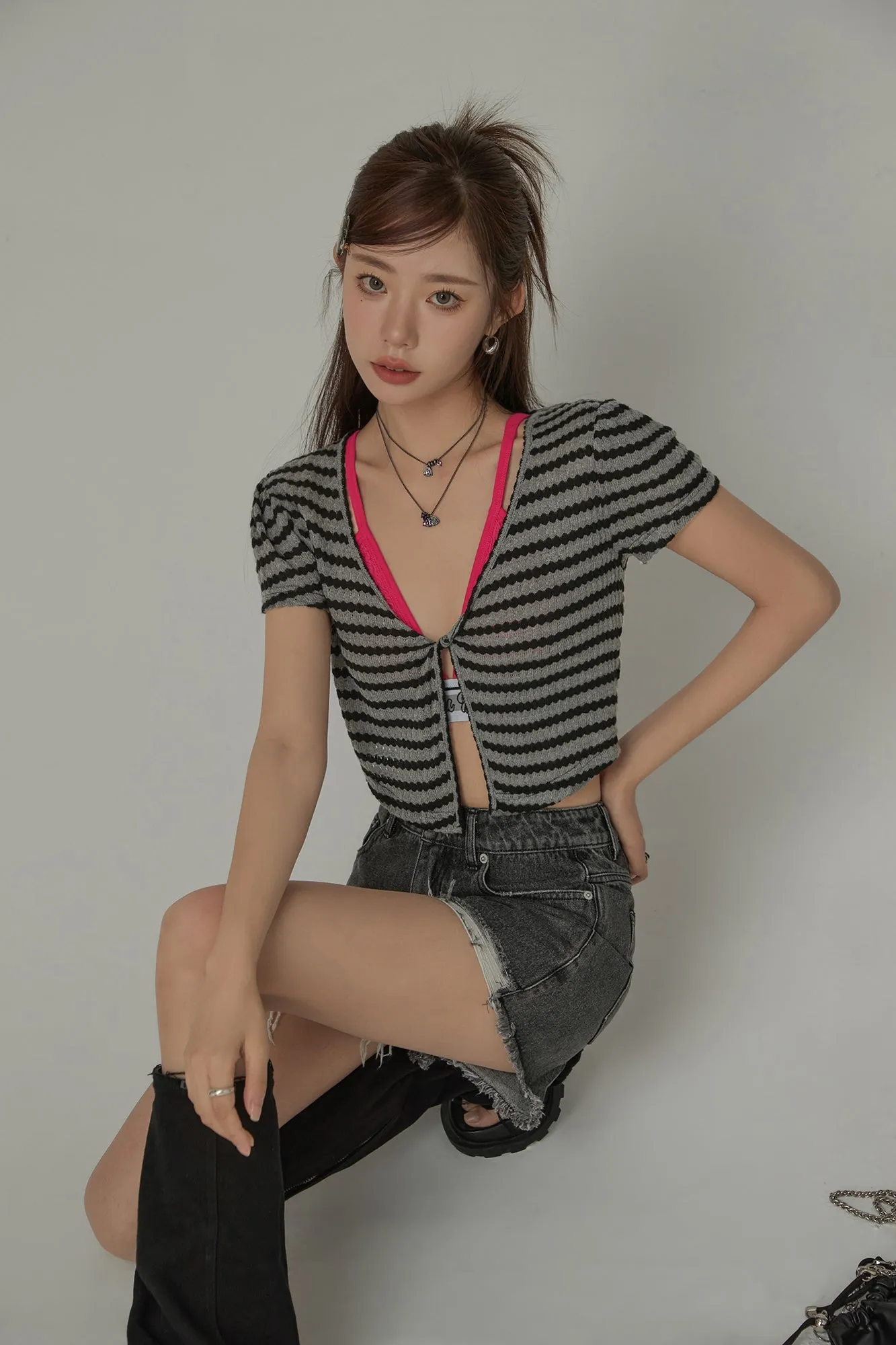 Stripe Layering Short Sleeve Crop Top