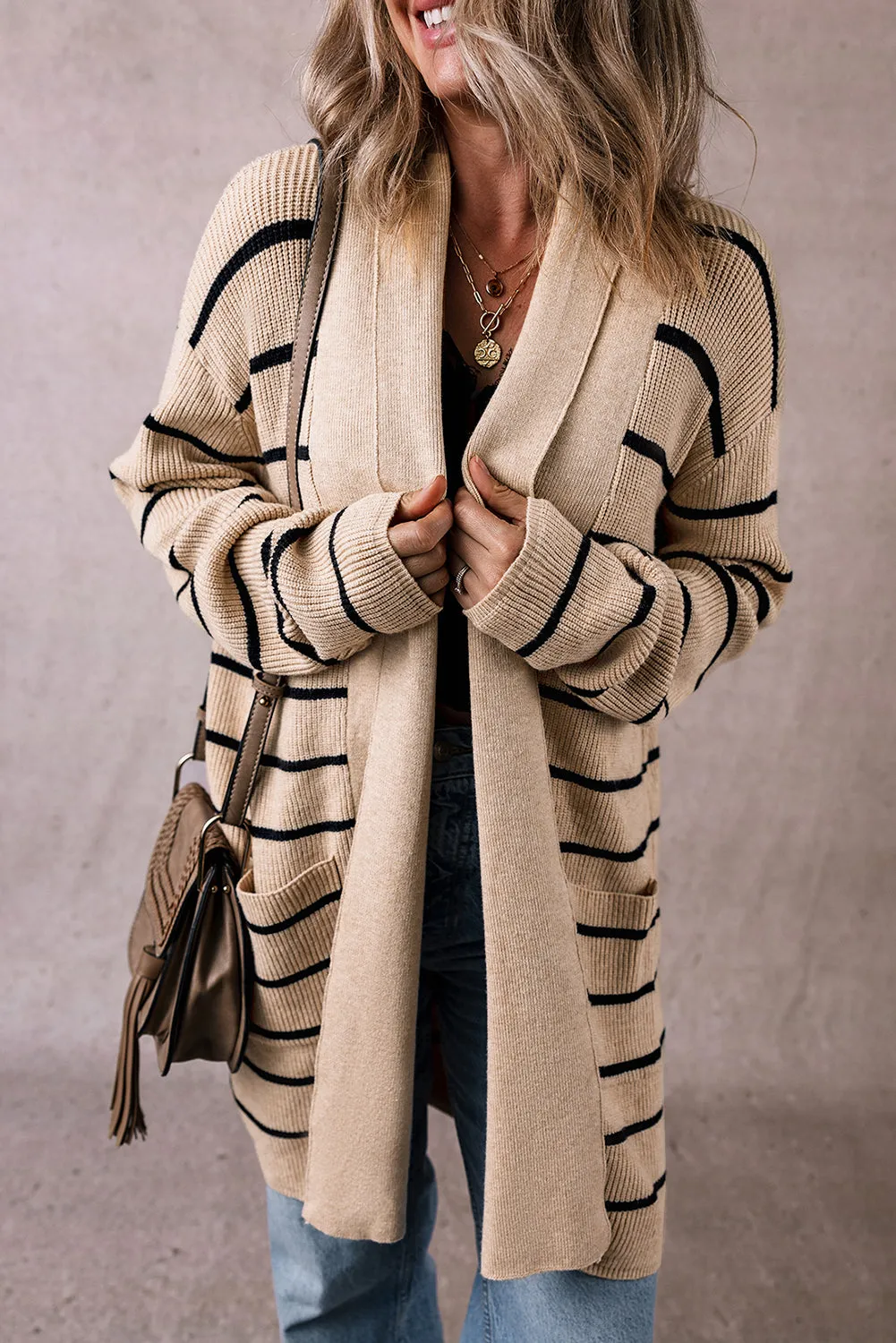 Stripe Shawl Collar Open Front Cardigan