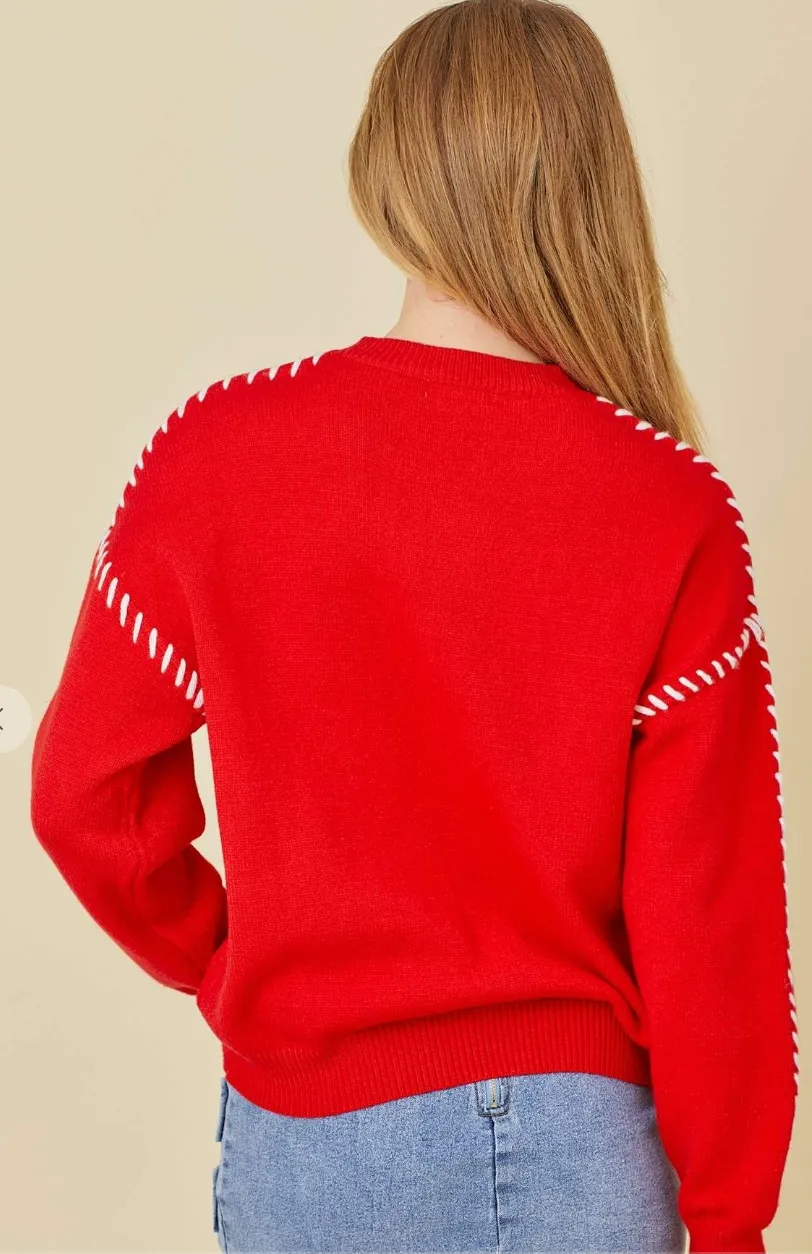 Sweater Knit Top With Ribbon And Stitching Detail