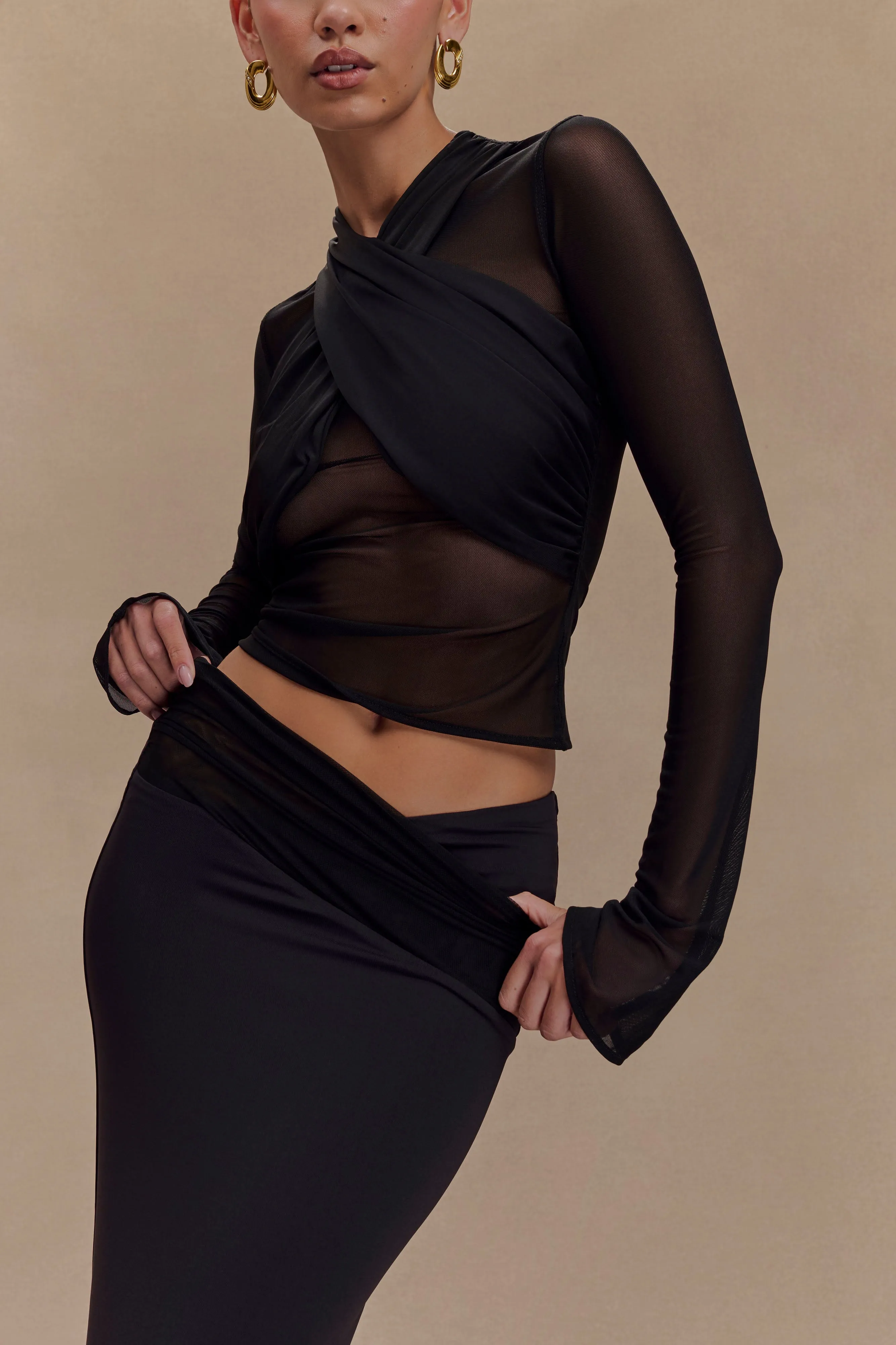 Tania Slinky And Mesh Long Sleeve Top - Black