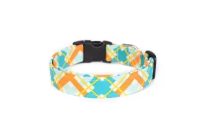 Teal Blue & Orange Plaid Dog Collar