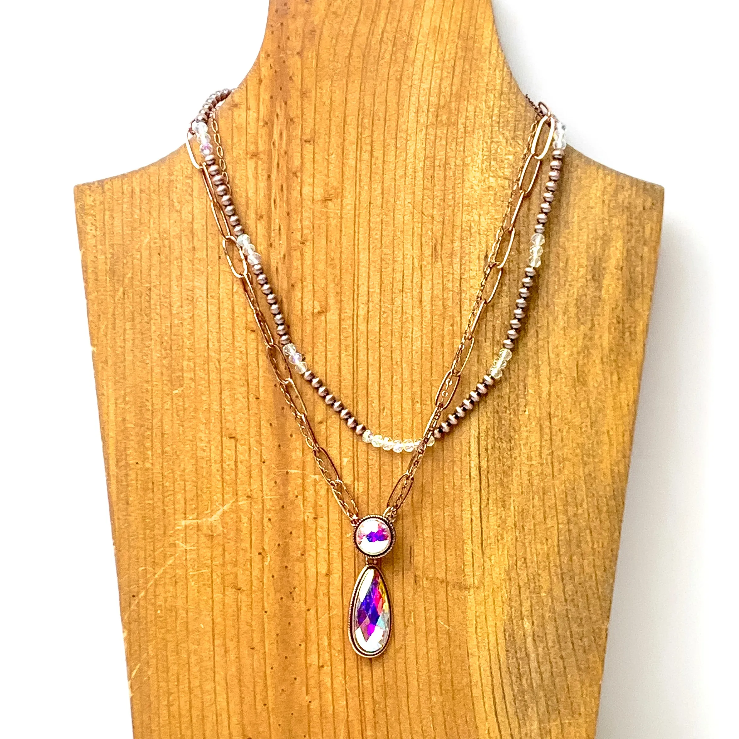 Three Row Faux Navajo Pearl Chain Necklace with AB Stone Pendants in Copper Tone